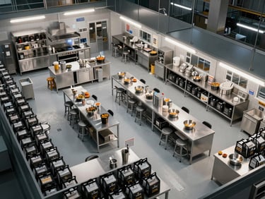 Overhead wide shot of a ghost kitchen layout plan in action — labeled dispatch zones, organized packaging stations, branded thermal bags in rows, cool white overhead lighting, no people, clinical precision and spatial order