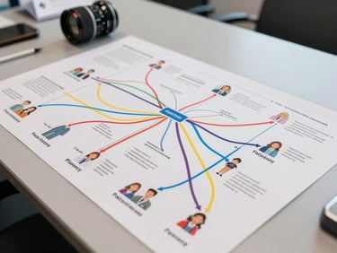 Overhead shot of a user journey map printed on large paper on a conference table, colored marker annotations tracing patient and doctor touchpoints, bright even studio light