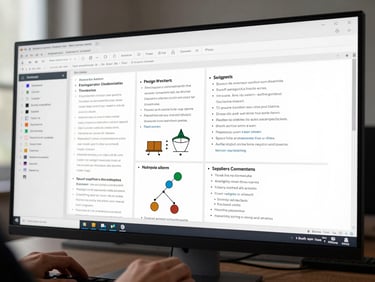Wide environmental shot of a design system component table spread across a monitor screen, token documentation visible, bright studio light, hands resting on a keyboard in the foreground