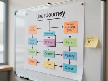 Close-up of printed user journey map for a healthcare consultation flow pinned to a whiteboard, annotated with coloured markers, even north-facing window light, no people visible