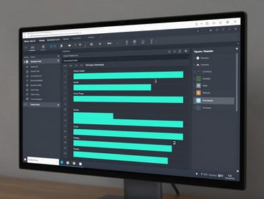 Close-up of a large monitor displaying a polished high-fidelity Figma dashboard prototype with clearly differentiated data tiers and teal accent highlights, clean studio lighting, dark bezel framing the screen