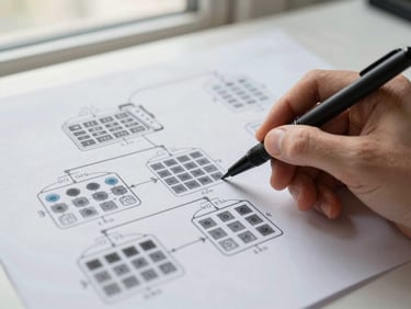 Close-up of a wireframe dashboard printout being annotated by a hand holding a black pen, data hierarchy and widget zones clearly marked, north-facing window light, clean background
