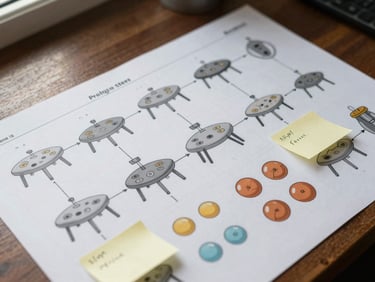 Close-up overhead view of a design system component sheet spread on a desk, token tables and variant states visible, annotated with sticky notes, even natural light from the left