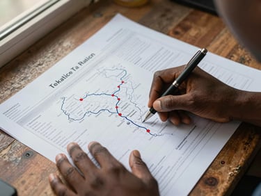 Overhead close-up of hands tracing a West Africa trade route on a paper logistics manifest, a pen marking checkpoints, natural window light from the left, worn wooden desk surface visible