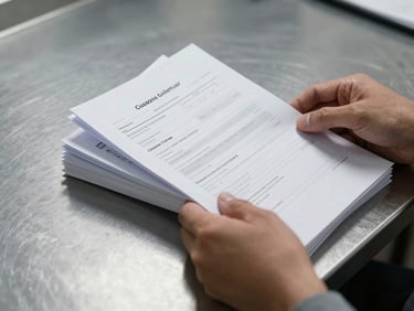 Close-up of hands sorting customs documents and cargo manifests on a clean metal surface, controlled studio strobe lighting from above, crisp shadows, no people beyond the hands