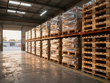 Wide environmental shot of an ordered freight warehouse, pallets aligned in rows under industrial ceiling lights, golden hour light entering through a large side door, no people