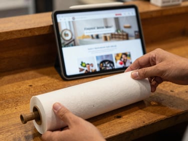Hands preparing a receipt roll in a small shop, with a simple website design mock-up visible on a tablet in the background, warm authentic tones.