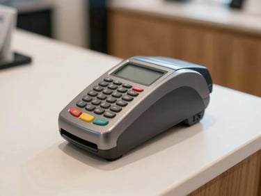 Close-up of a sleek countertop card machine on a retail counter, natural shop lighting, sharp focus