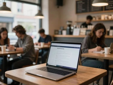 Busy cafe interior with a laptop open on a table, showing a fast internet connection, natural light from a window.