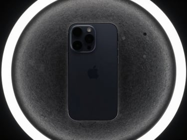 Top-down flat lay of a premium imported flagship smartphone resting on a dark steel workbench, illuminated by moody studio rim lights.