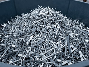 Close-up of clean, shredded aluminium scrap in a large industrial bin, cool overcast daylight, sharp details