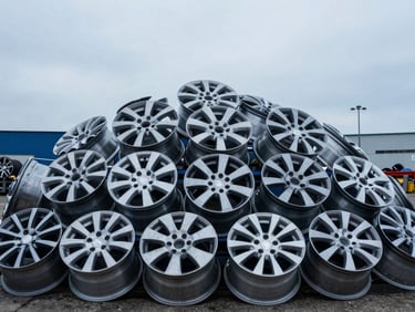 Pile of clean, unpainted aluminium alloy wheels, industrial yard background, sharp focus