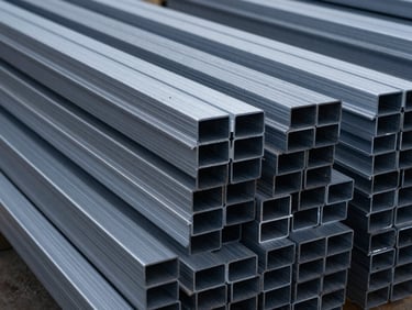 Close-up of clean, sorted HE9 aluminium extrusions piled neatly in an industrial warehouse, sharp details, cool daylight, industrial editorial photography.