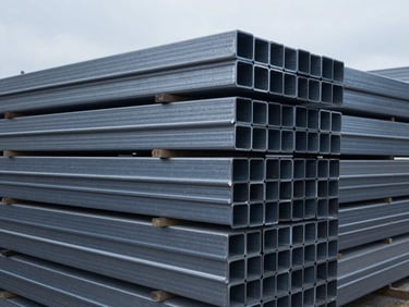 Stack of clean HE9 (6063) aluminium extrusions, organized and ready for shipment, industrial setting, cool light