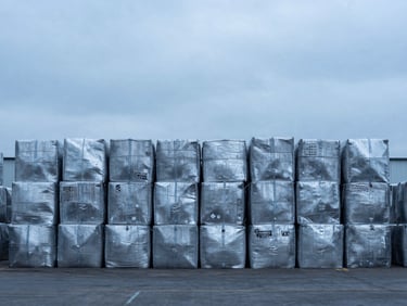 Wide panoramic shot of neatly stacked, clean aluminium scrap bales in a UK industrial yard under cool overcast daylight, low horizon, industrial editorial photography.