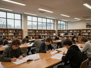 Environmental wide shot of a Parisian campus library reading room — long wooden tables, students reviewing printed documents under cool institutional overhead light, tall windows with grey Paris sky visible, calm and focused atmosphere