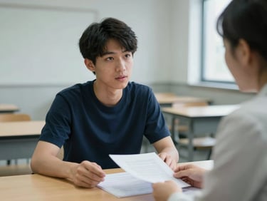 Eye-level portrait of a student in a quiet meeting room mid-conversation with an advisor, both looking at a document on the table, cool institutional light, honest and unposed