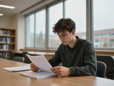 Student seated at a study carrel in a European university library, reviewing printed pages with a pen in hand, overcast light through tall windows, honest mid-task expression