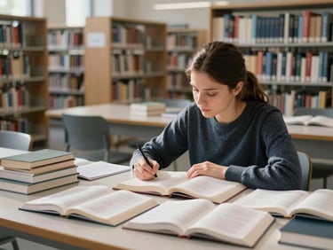 Environmental wide shot inside a German university library, a female student at a reading desk surrounded by open textbooks, cool north-facing daylight, shelves of books in soft focus background, honest mid-study moment