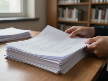 Wide-angle view of a student at a desk reviewing a thick stack of official documents under cool north-facing window light, hands visible turning a page, institutional library background slightly out of focus