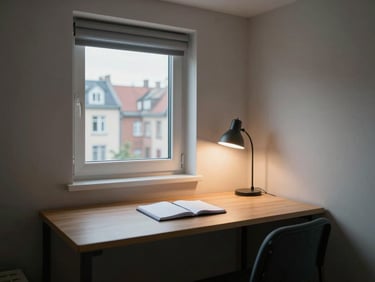Wide shot of a compact student housing room in a European city, tidy desk with a lamp and notebook, cool daylight from a small window, no occupant — context over decoration