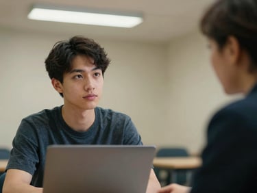 Close-up portrait at eye level of a young male student seated across a table from an advisor, both looking at an open laptop, cool institutional fluorescent light, neutral beige wall behind, mid-conversation not posed