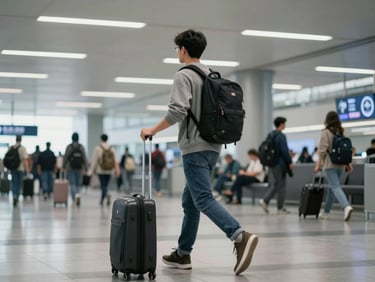 Environmental shot of an international arrivals hall, a student carrying a backpack and rolling luggage mid-stride under cool overcast terminal lighting, no posed smile, context-rich background