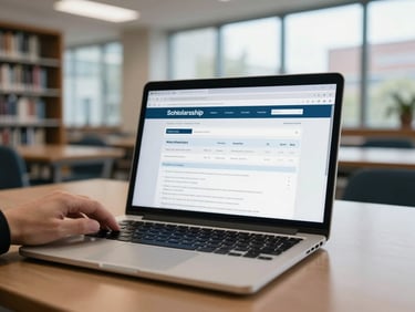 Close-up of hands holding an open laptop on a university library table, screen showing a scholarship application form, cool institutional daylight from a high window, no face visible