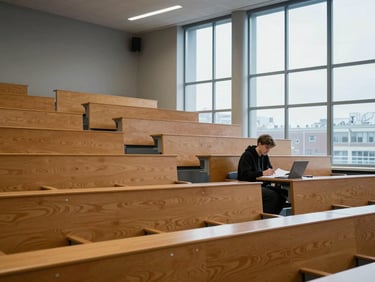 Wide interior shot of a German university lecture hall — tiered wooden seats, a student alone reviewing notes at a desk near a tall window, cool grey northern daylight, serious and focused atmosphere