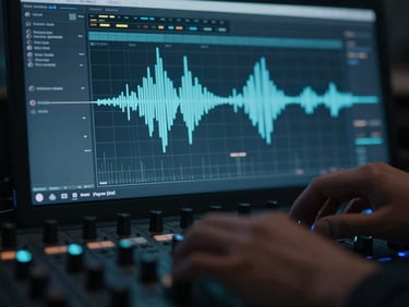 Abstract macro shot of sound waves on a digital audio workstation screen, blurred foreground of hands on a mixing console, low-key lighting, cool blue accents, cinematic.