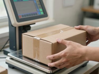 Close-up of hands placing a brown cardboard box onto a kiosk scale platform, digital readout visible on the screen above, daylight interior, functional and clear