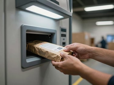 Hands feeding a labeled package into a secure drop slot on the side of a kiosk unit, interior shipping center at night, overhead fluorescent light, clean and functional
