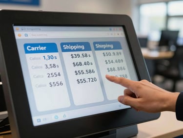 Close-up of a touchscreen kiosk display showing three carrier shipping options with prices listed side by side, a hand hovering to make a selection, daylight-lit interior background