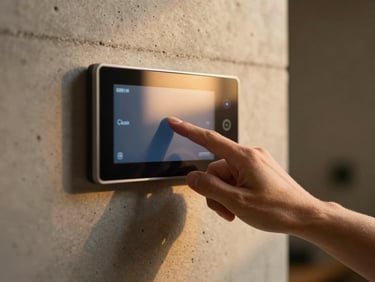 Sleek close-up of a hand adjusting a smart home touch panel on a concrete wall, warm golden light reflecting off the glass screen, cinematic depth of field.