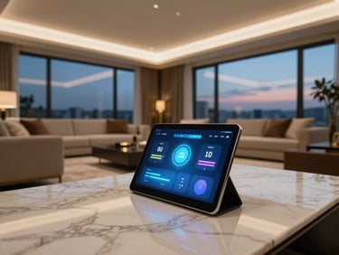 Wide-angle interior of a luxurious modern living room in El Mahalla Heights, warm ambient lighting, large windows showing twilight sky, a sleek tablet on a marble coffee table displaying a smart home dashboard.