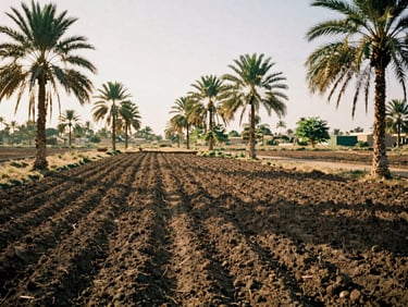 Rich dark soil plot in Epe outskirts, surrounding palm trees, warm golden hour light, 35mm film