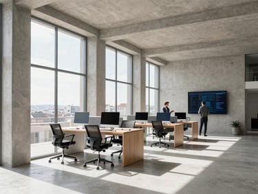 A bright, natural daylight shot of a minimalist modern tech hub interior in Lisbon, clean concrete lines, large windows, a developer focused on a screen in the background.