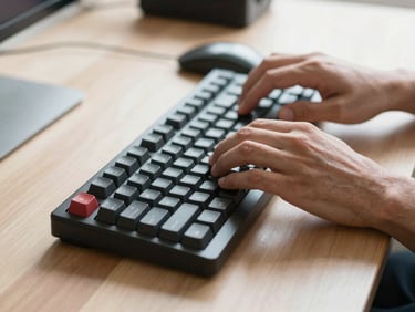 Tight purposeful close-up of developer hands typing on a mechanical keyboard, minimalist wooden desk, bright natural light