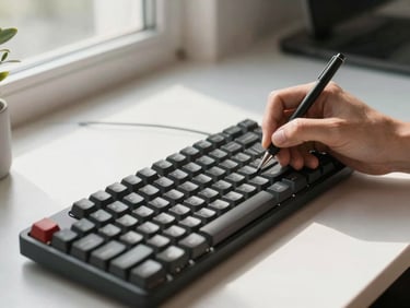 A close-up environmental shot of hands writing clean code on a mechanical keyboard, bright natural light from a side window, minimalist desk setup.