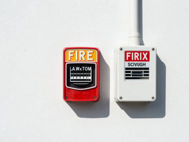 Red fire alarm pull station and a security alarm panel, clear labels, industrial wall, bright clean daylight