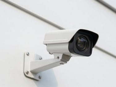 High-resolution CCTV camera mounted on a wall, clear lens, industrial background, bright clean daylight, sharp focus