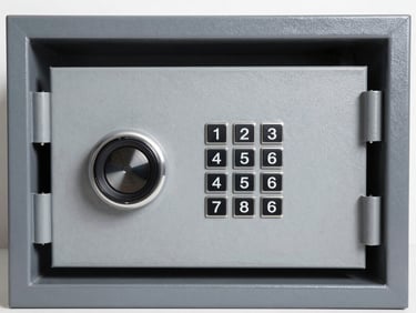 Modern office safe, digital keypad, reinforced steel, sleek design, high-contrast, clean interior lighting