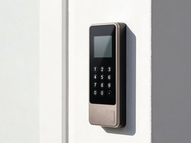 Modern home security keypad, digital display, sleek design, mounted on a wall, clean interior lighting, high-contrast