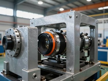 Industrial documentary photography, close-up of machinery on an active automotive manufacturing floor, high-contrast natural warehouse lighting, cool steel tones, 35mm lens