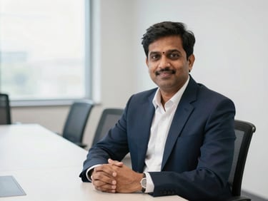 Portrait of a professional Indian legal expert in a bright conference room, professional attire, trustworthy expression.