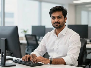 Portrait of a professional Indian male CS in a clean modern workspace, soft daylight, sharp focus.