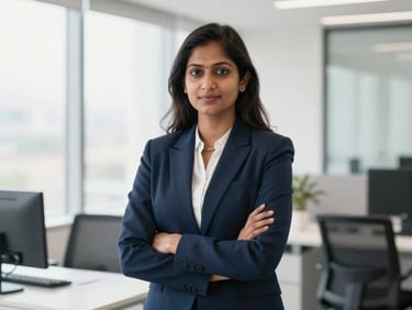 Portrait of a professional Indian female CA in a modern office, navy blazer, bright natural light, professional confidence.