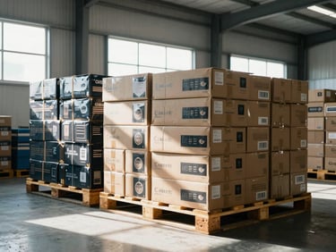Wide environmental shot of boxed sports goods stacked on wooden pallets in a modern warehouse, harsh direct sunlight through high windows