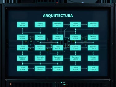 Esquema de arquitectura de red en una pantalla de alta resolución, con nodos y conexiones iluminados en cian, en un entorno oscuro de sala de servidores.