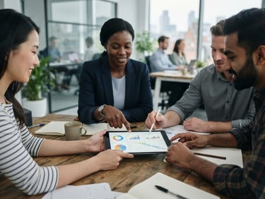 Authentic editorial photograph of a diverse team of professionals collaborating in a modern, well-lit UK office, natural overcast daylight, focus on hands collaborating on a tablet, shallow depth of field, 35mm